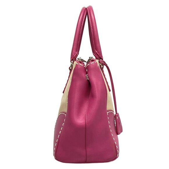 Auth PRADA Canapa City B1801K Beige Pink Leather Canvas Tote Bag - Picture 2 of 16